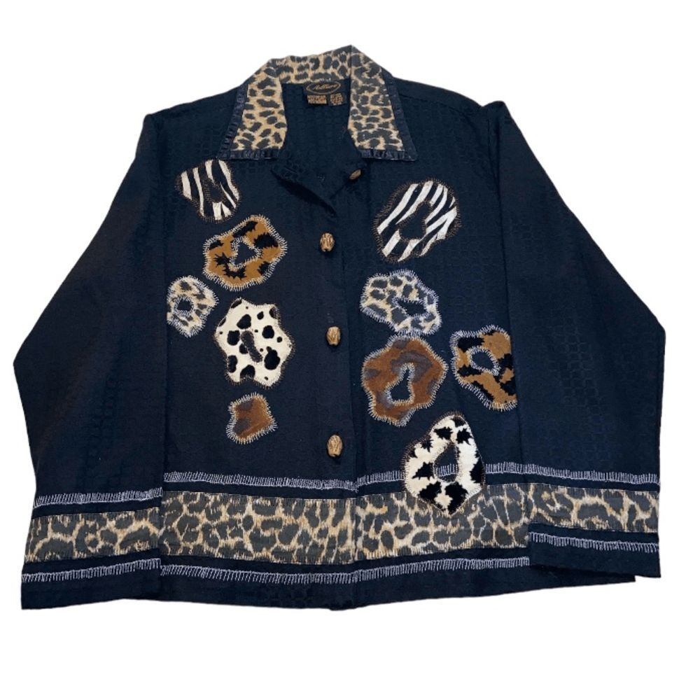 Vintage Allure Shacket Shirt Jacket Black Animal Print Patchwork Womens Medium